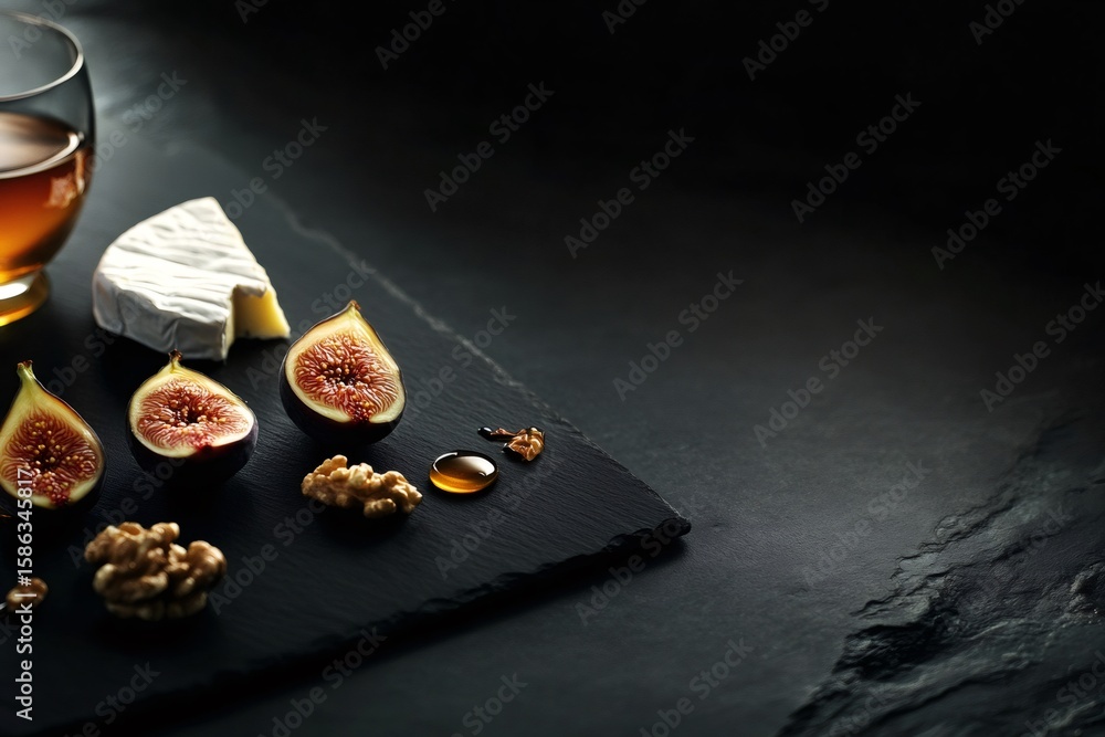 Gourmet appetizer featuring fresh figs, creamy cheese, walnuts, and honey on a sleek black slate board, creating an elegant culinary scene Gourmet appetizer featuring fresh figs, creamy cheese, walnuts, and honey on a sleek black slate board, creating an elegant culinary scene