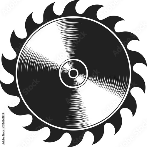 Saw blade, circular saw, woodcutter tool, cutting instrument, precision tool for woodworking, engraver's design, vintage etched illustration