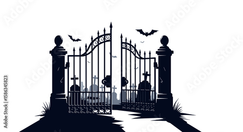 Spooky gate opening to graveyard with bats for Halloween concept  