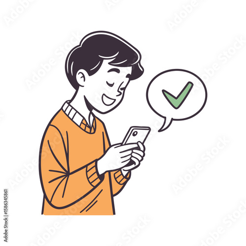 Minimal outline-style vector icon of a person in orange sweater holding a smartphone. A speech bubble with a green checkmark appears beside the character, symbolizing task completion, approval,