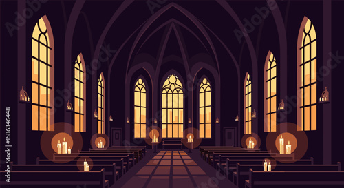 Dark interior of a gothic church with candles and stained glass windows, Concept of Halloween  