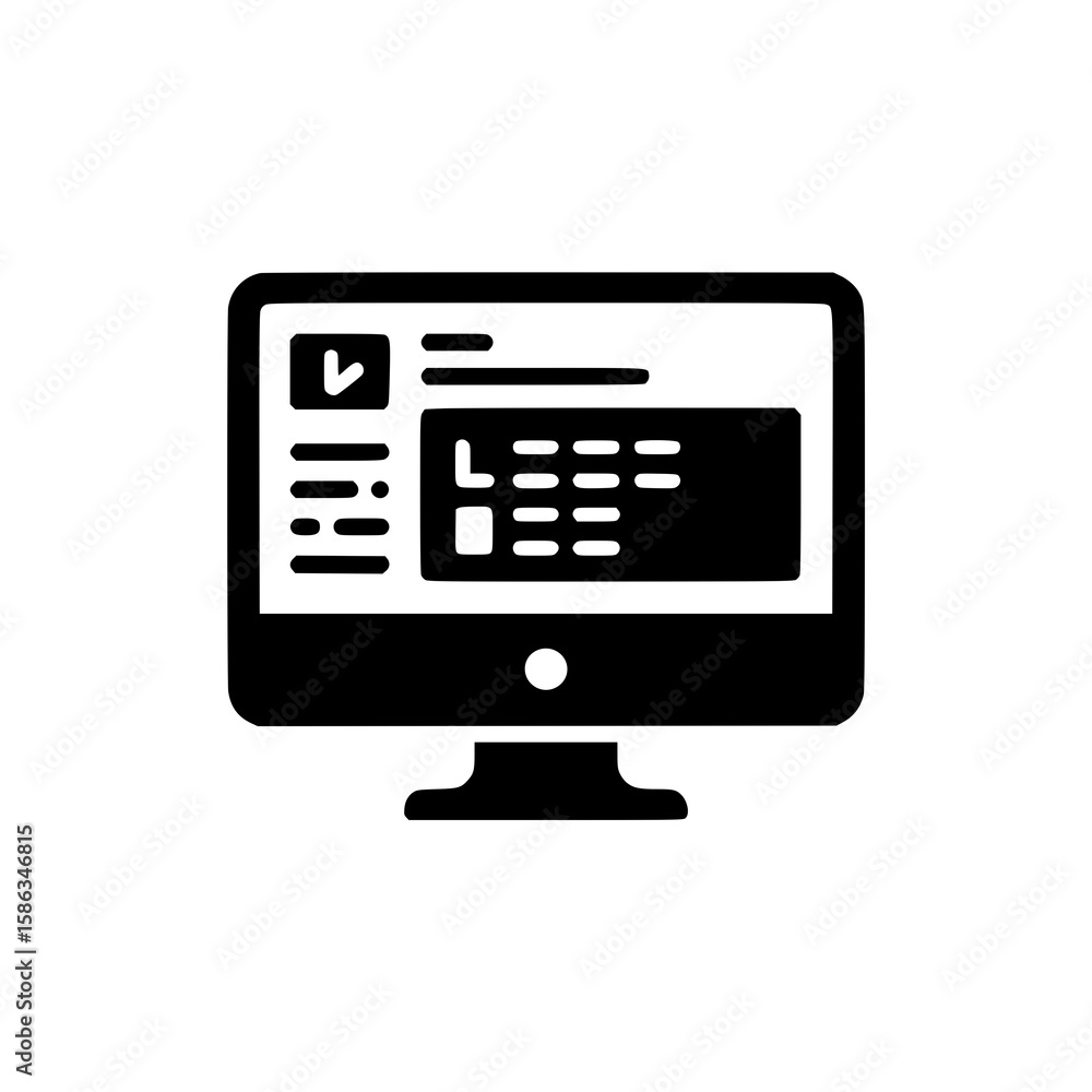 Desktop Interface Icon: A bold, monochrome vector illustration depicts a computer screen displaying a simplified user interface, showcasing data points and check marks. Desktop Interface Icon: A bold, monochrome vector illustration depicts a computer screen displaying a simplified user interface, showcasing data points and check marks.