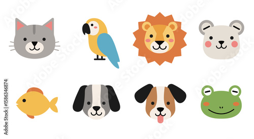 Funny vector cartoon set with various cute baby animals, including dogs, cats, birds, and a tiger