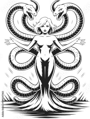 Scylla, mythical creature entwined with serpents in vintage engraved style illustration, embodying seduction and danger