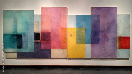 Fototapeta Naklejka Na Ścianę i Meble -    A painting displayed in a museum, featuring large paintings on the wall