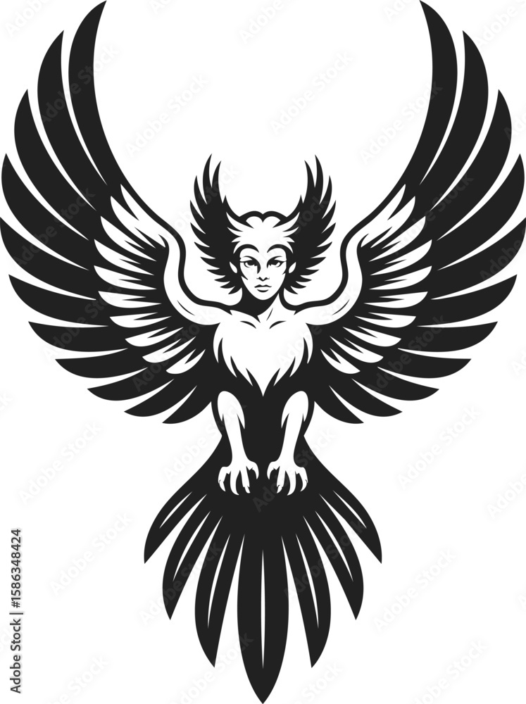Obraz premium Siren vector illustration featuring a majestic siren with outstretched wings, mythical creature, enchanting figure