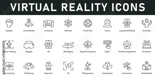 Virtual reality Icons vector illustration with thin line editable stroke contains headset, immersive, avatar, augmented reality, controller, motion tracking, visualization, VR experience, projection