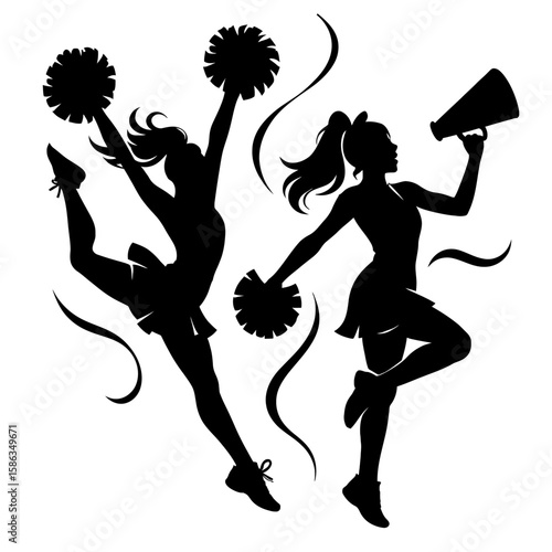 Cheerleaders Silhouette with Pom Poms and Megaphone