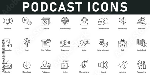 Podcast Icons vector illustration with thin line editable stroke contains audio, episodes, broadcasting, conversation, interview, streaming, talk, sound, microphone, host, storytelling, entertainment