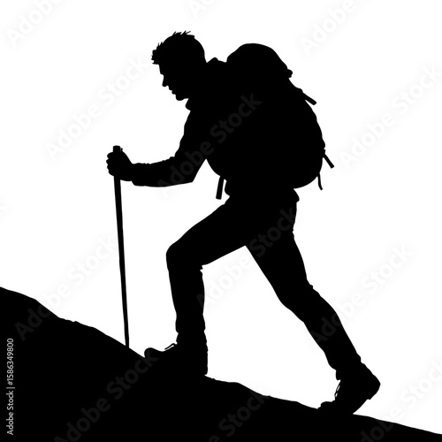 Hiker Silhouette Climbing Mountain with Backpack and Pole