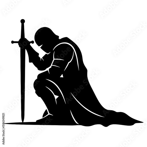 Knight Silhouette Kneeling with Sword Design