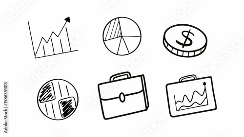 Hand drawn business icons including graph, pie chart, dollar coin, globe, and briefcase sketch art design