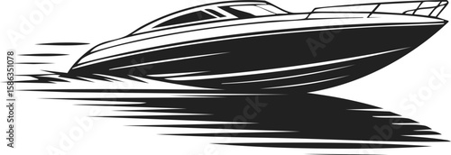 Speedboat, sleek motor vessel, high-speed boat, nautical craft, marine transportation, luxury watercraft, recreational boat, performance vessel