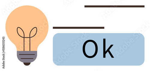 Light bulb alongside Ok text in a blue rectangle with minimalist horizontal lines. Ideal for innovation, approval, simplicity, communication, branding, feedback, and teamwork. Clean simple flat