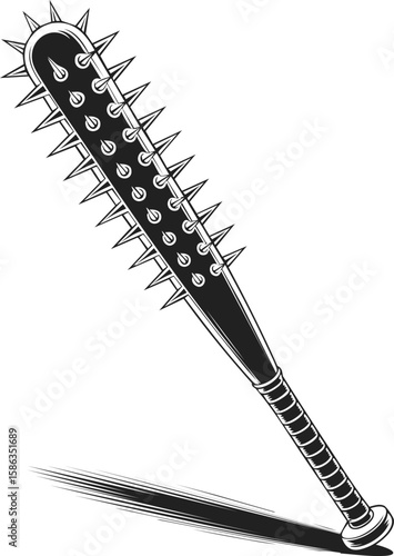 Spiked baseball bat, vintage engraved illustration of a woodcutter tool, rustic sports equipment for protection