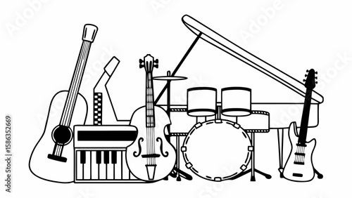 Line art illustration showcasing a variety of musical instruments including guitars, a piano and drums set