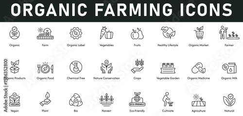 Organic Farming Icons vector illustration with thin line editable stroke contains organic label, vegetables, fruits, healthy lifestyle, farmer, organic markets, products, food, medicine, milk, plant.