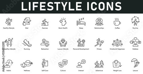 Lifestyle Icons vector illustration with thin line editable stroke contains diet, healthy lifestyle, exercise, brain health, sleep, relationship, routine, leisure, weight loss, wellness, habits, fit