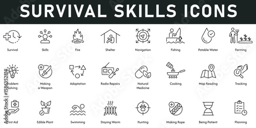 Survival skills Icons vector illustration with thin line editable stroke contains fire, shelter, navigation, fishing, farming, planning, hunting, swimming, first aid, map reading, tracking, adaptation