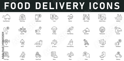 Food Delivery Icons vector illustration with thin line editable stroke contains take away, application, grocery, online order, door, pizza, menu, feedback, 24 hours, fast food, select, location, call