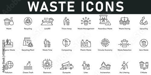 Waste Icons vector illustration with thin line editable stroke contains recycling, landfill, waste management, hazardous waste, sorting, upcycling, compositing, plastic waste, circular economy, litter