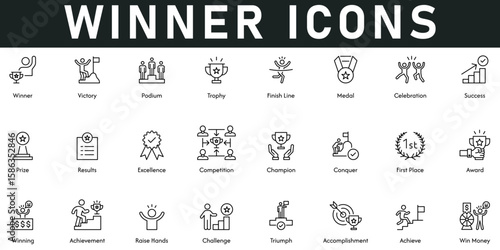 Winner Icons vector illustration with thin line editable stroke contains victory, trophy, medal, celebration, success, result, champion, first place, award, winning, achievement, triumph, achieve, win