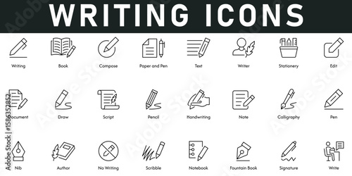 Writing Icons vector illustration with thin line editable stroke contains book, compose, text, writer, stationery, edit, documents, draw, script, pencil, note, calligraphy, pen, nib, author, scribble