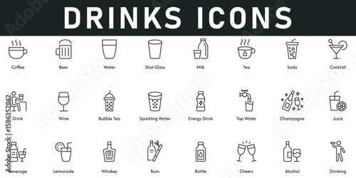 Drinks Icons vector illustration with thin line editable stroke contains coffee, beer, water, milk, soda, cocktail, wine, bubble tea, energy drink, champagne, juice, bottle, lemonade, beverage
