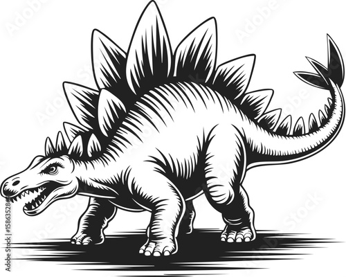 Stegosaurus, prehistoric dinosaur illustration, armored reptile, ancient creature design, Jurassic era beast, detailed engraving depiction