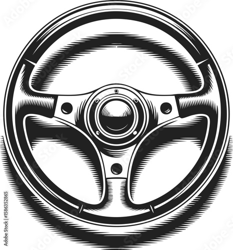 Steering wheel, vintage car accessory, automotive part, vehicle control, driver tool, racing equipment, classic steering device, engraved illustration
