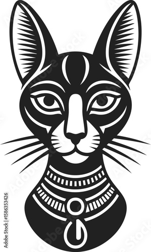 Stylized bastet cat head, egyptian deity, feline symbol, vintage engraved illustration for art, tattoos, and logo design