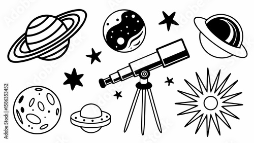 Illustration of space objects including planets stars telescope and ufo in black and white outline style