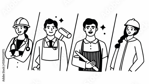 Illustration of four people representing different professions in black and white line art style design