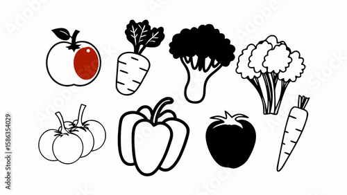 Illustration featuring an apple, carrots, broccoli, tomatoes, a pepper, and other assorted vegetables and fruits