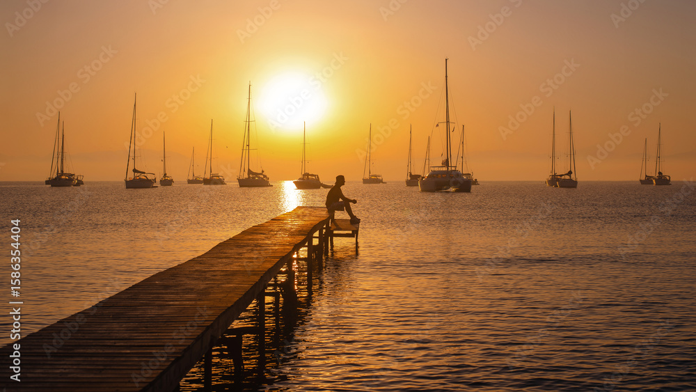 Fototapeta premium Sunset Serenity with Sailboats and Pier