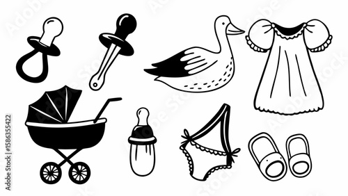 Illustration of baby items including a pacifier, dropper, duck, dress, stroller, bottle, diaper, and slippers