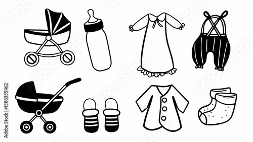 Illustration of baby items including strollers bottle nightgown overalls jacket and socks in black and white