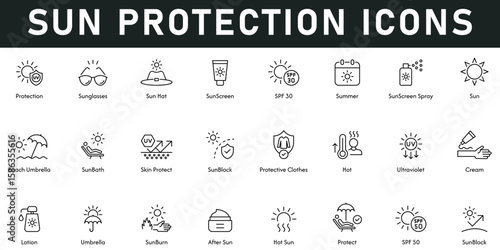 Sun protection Icons vector illustration with thin line editable stroke contain sunglasses, sun hat, sunscreen, summer, sun, beach umbrella, skin protect, hot, cream, lotion, sunblock, protect, SPF 50