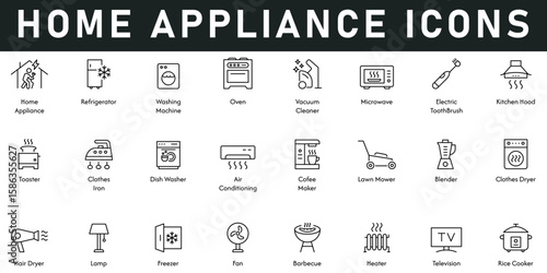 Home appliance Icons vector illustration with thin line editable stroke contain refrigerator, washing machine, oven, vacuum cleaner, kitchen hood, toaster, iron, dishwasher, rice cooker, heater, lamp