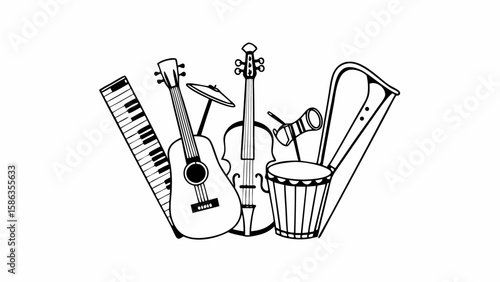 Illustration showcasing an assortment of musical instruments including a piano, guitar, violin, and a harp instrument