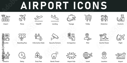 Airport Icons vector illustration with thin line editable stroke contains plane, takeoff, voyage, trolley, custom, location, travel, hub, delay, check in, flight, pilot, control tower, security camera