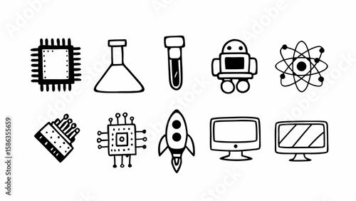 Illustration of science and technology icons including chip, beaker, test tube, robot, atom, and computer