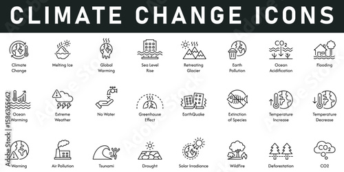 Climate Change Icons vector illustration with thin line editable stroke contains melting ice, CO2, deforestation, wildlife, drought, air pollution, warning, temperature, greenhouse effect, flooding