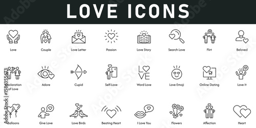 Love Icons vector illustration with thin line editable stroke contain couple, love letter, passion, flirt, beloved, adore, affection, flower, I love you, lovebirds, give love, online dating, self love