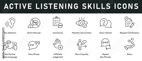 Active Listening Icons vector illustration with thin line editable stroke contain pay attention, don't disturb, summarize, maintain eye contact, show interest, request clarification, share, paraphrase