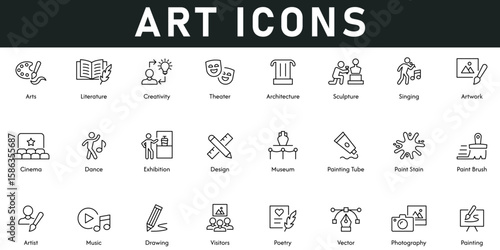 Art Icons vector illustration with thin line editable stroke contains literature, creativity, theater, architecture, singing, artwork, cinema, dance, exhibition, design, museum, paint stain, vector