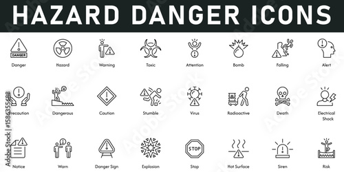 hazard Danger Icons vector illustration with thin line editable stroke contains warning, toxic, attention, bomb, falling, alert, precaution, dangerous, caution, virus, death, risk, siren, stop, notice