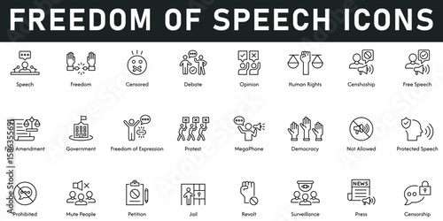 Freedom of Speech Icons vector illustration with thin line editable stroke contains censored, debate, opinion, human right, press, revolt, jail, petition, mute people, prohibited, democracy, protest
