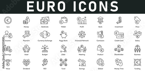 Euro Icons vector illustration with thin line editable stroke contain money, funding, global, fund, budget, asset, dividend, earning, salary, credit card, financial network, currency exchange, payment