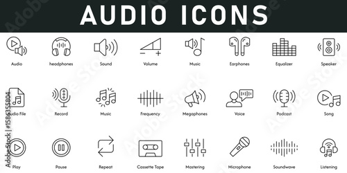 Audio Icons vector illustration with thin line editable stroke contains headphones, sound, volume, music, soundwaves, play, song, megaphone, record, audio file, speaker, equalizer, pause, mastering